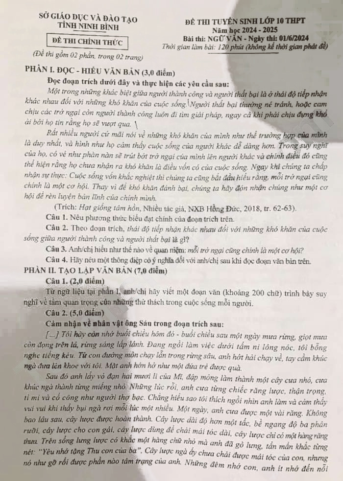 Đề thi vào 10 môn Văn Ninh Bình 2024