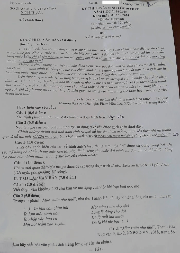 Đề Văn vào lớp 10 Ninh Thuận 2024