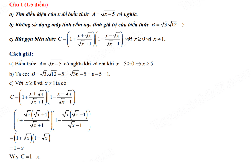Đáp án đề thi tuyển sinh lớp 10 môn Toán Thừa Thiên Huế 2024