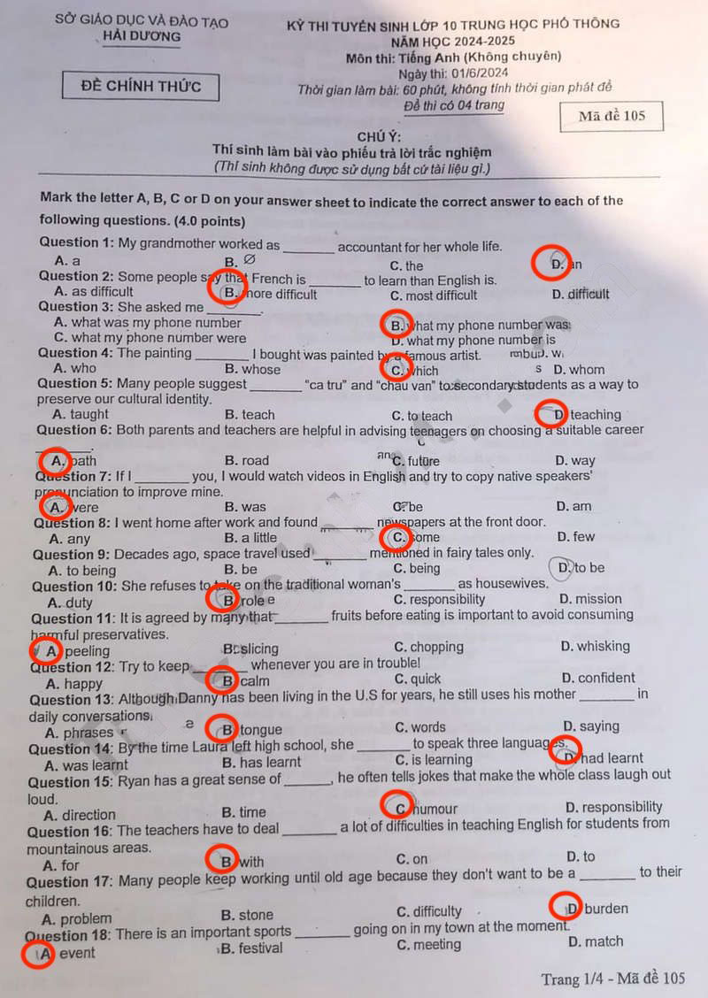 Đáp án đề thi tiếng Anh vào 10 Hải Dương