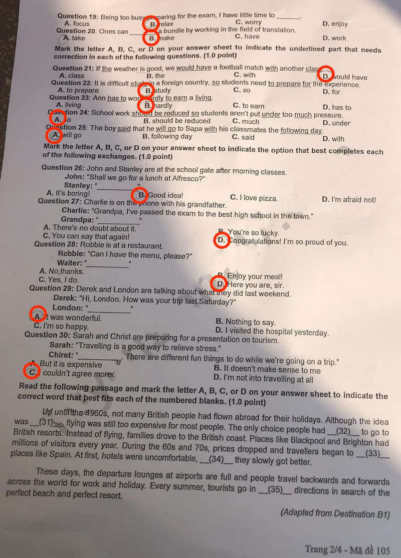 Đáp án đề thi tiếng Anh vào 10 Hải Dương