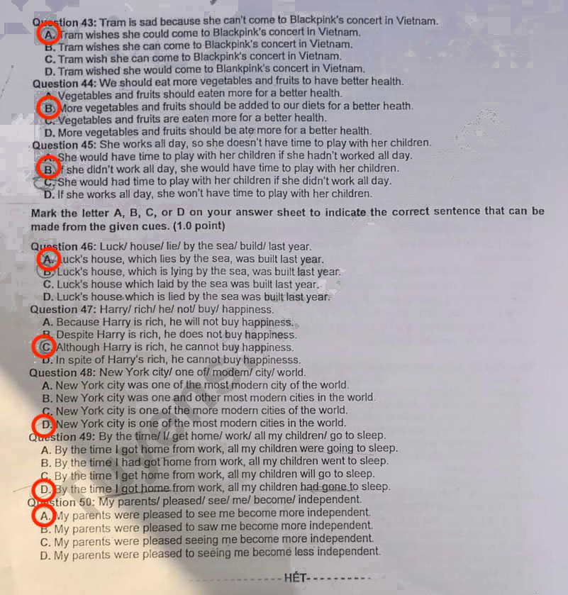 Đáp án đề thi tiếng Anh vào 10 Hải Dương