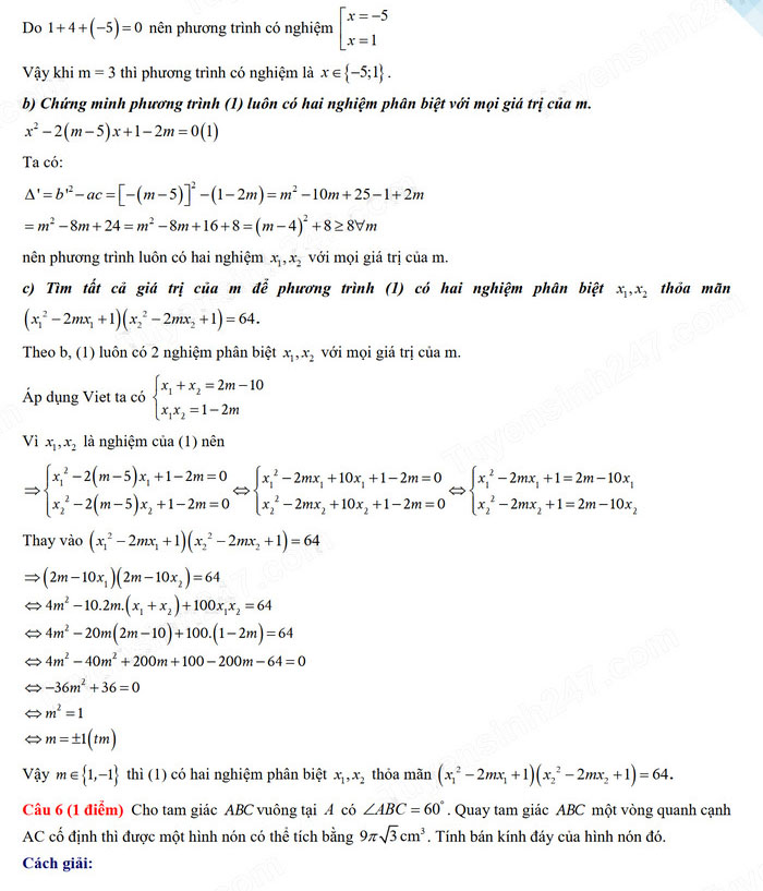 Đáp án đề thi tuyển sinh lớp 10 môn Toán Thừa Thiên Huế 2024