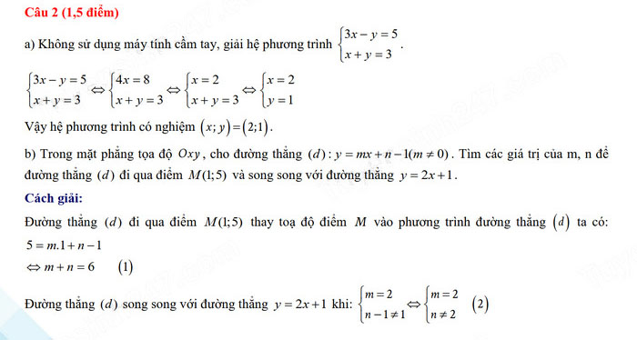 Đáp án đề thi tuyển sinh lớp 10 môn Toán Thừa Thiên Huế 2024