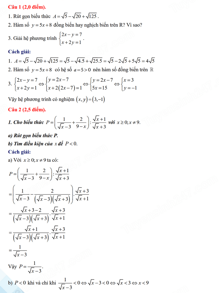 Đáp án đề thi tuyển sinh lớp 10 môn Toán Ninh Bình 2024