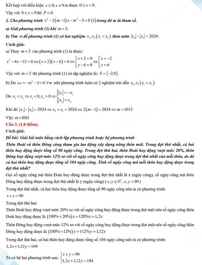Đáp án đề thi tuyển sinh lớp 10 môn Toán Ninh Bình 2024