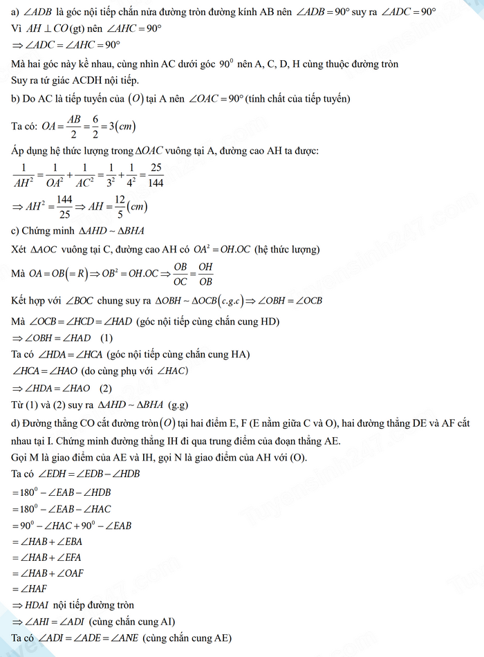 Đáp án đề thi vào 10 môn Toán Quảng Ninh 2024
