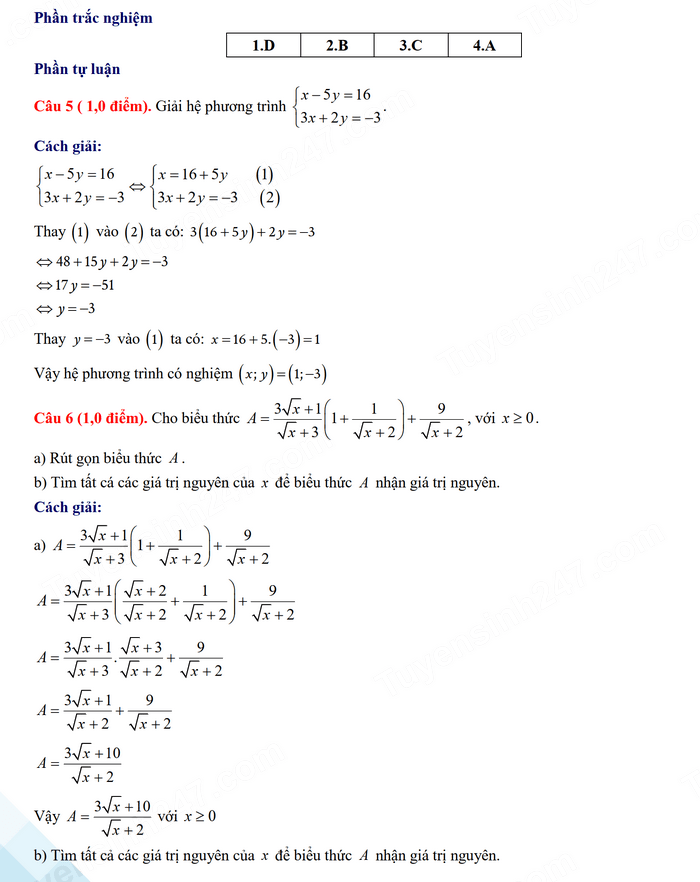 Đáp án đề thi tuyển sinh lớp 10 môn Toán Vĩnh Phúc 2024