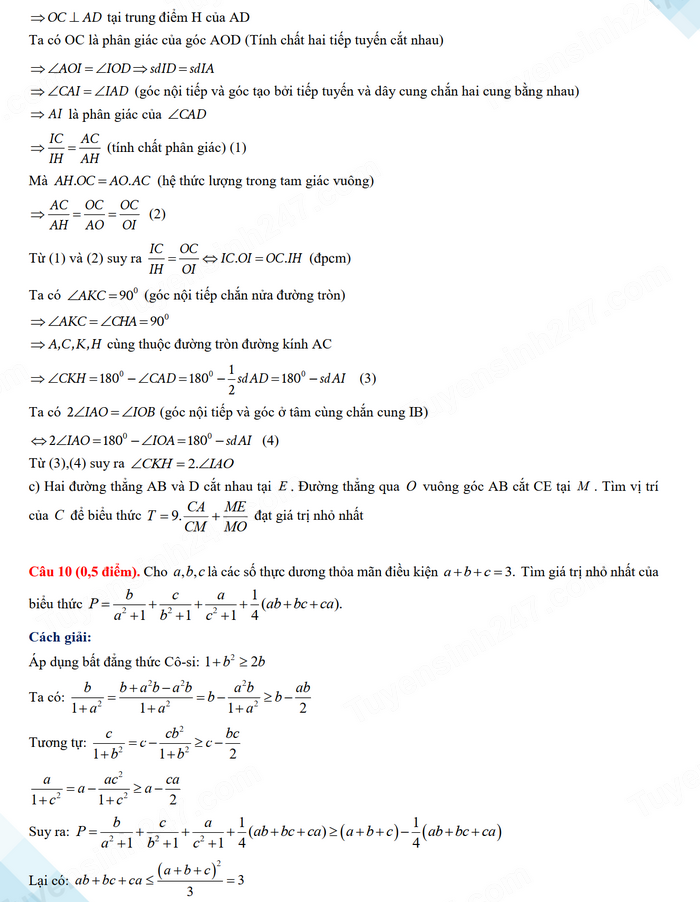 Đáp án đề thi tuyển sinh lớp 10 môn Toán Vĩnh Phúc 2024
