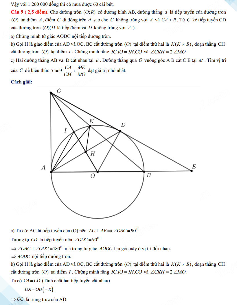 Đáp án đề thi tuyển sinh lớp 10 môn Toán Vĩnh Phúc 2024