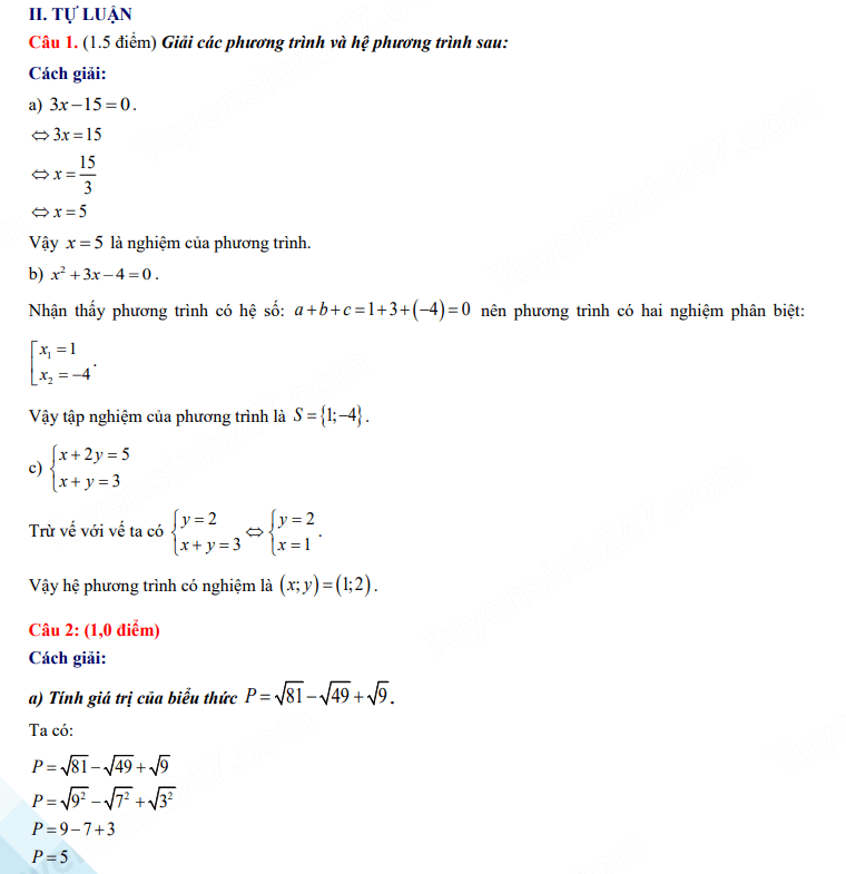 Đáp án đề thi vào 10 môn Toán Sơn La 2024