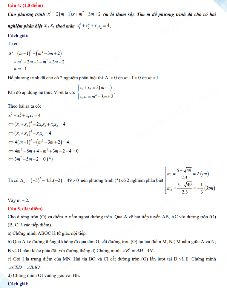 Đáp án đề thi vào 10 môn Toán Sơn La 2024