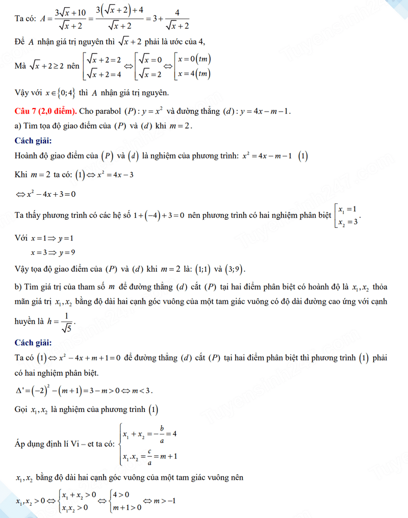 Đáp án đề thi tuyển sinh lớp 10 môn Toán Vĩnh Phúc 2024
