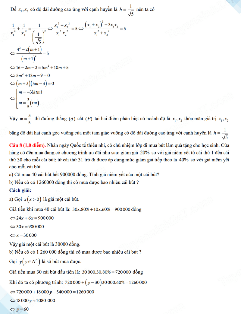 Đáp án đề thi tuyển sinh lớp 10 môn Toán Vĩnh Phúc 2024