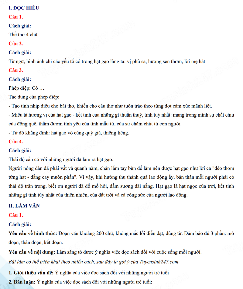 Đáp án đề thi Văn vào 10 năm 2024 Hải Dương