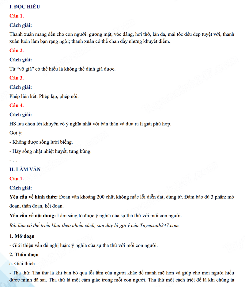 Đáp án đề thi tuyển sinh lớp 10 môn Văn huế 2024-2025
