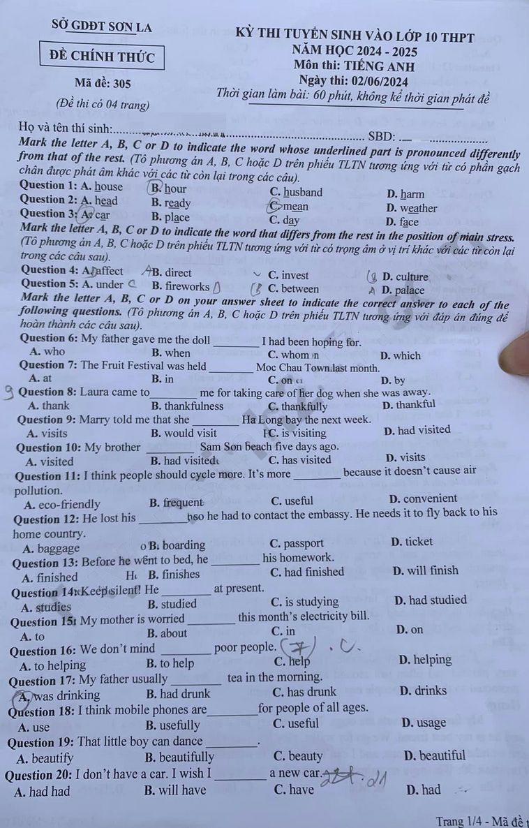 Đề thi vào 10 môn Tiếng Anh tỉnh Sơn La 2024