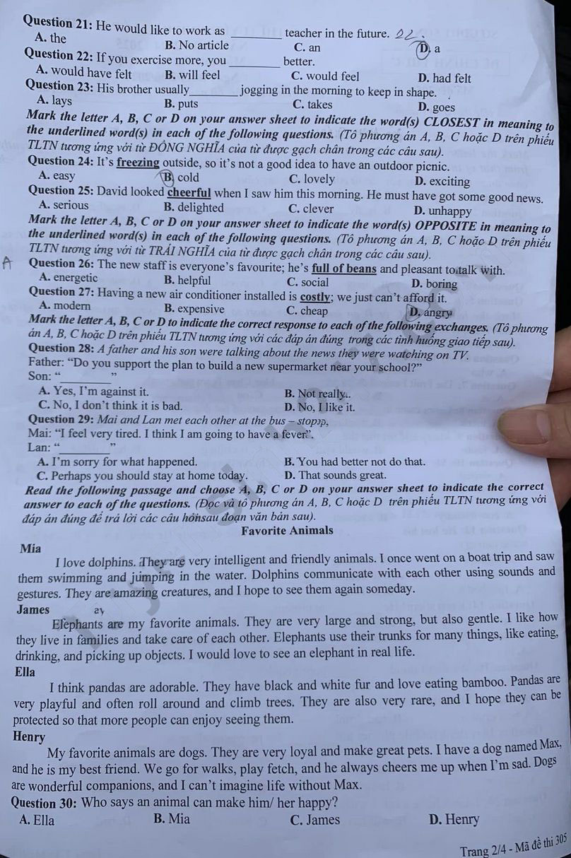 Đề thi vào 10 môn Tiếng Anh tỉnh Sơn La 2024