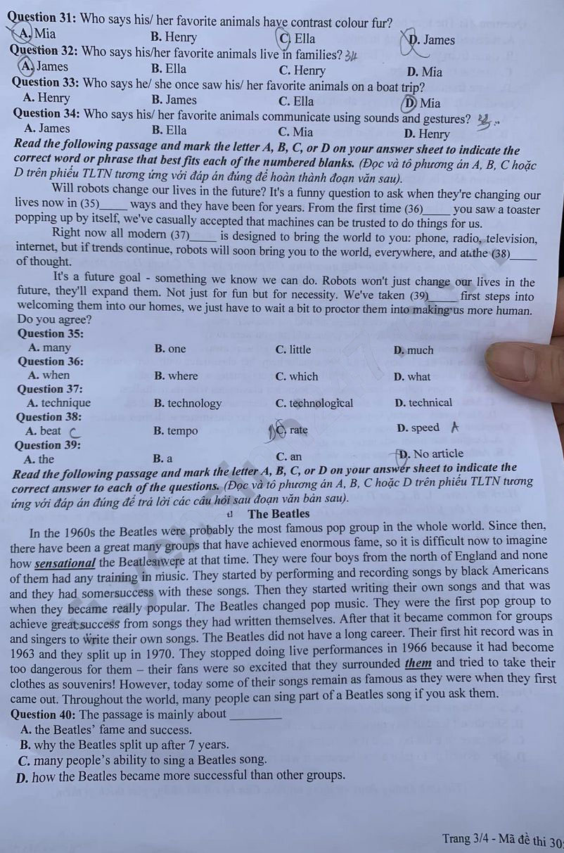 Đề thi vào 10 môn Tiếng Anh tỉnh Sơn La 2024