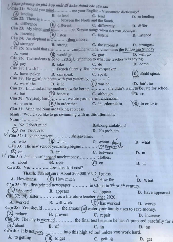 Đề thi tuyển sinh vào 10 môn Tiếng Anh Yên Bái 2024