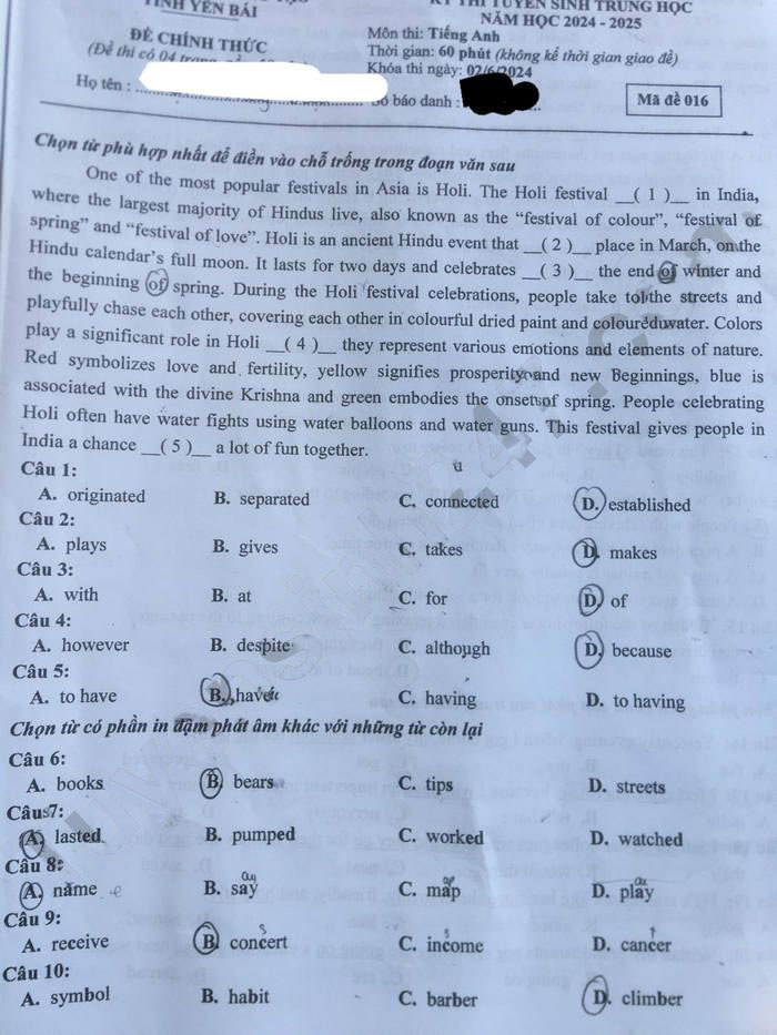 Đề thi tuyển sinh vào 10 môn Tiếng Anh Yên Bái 2024