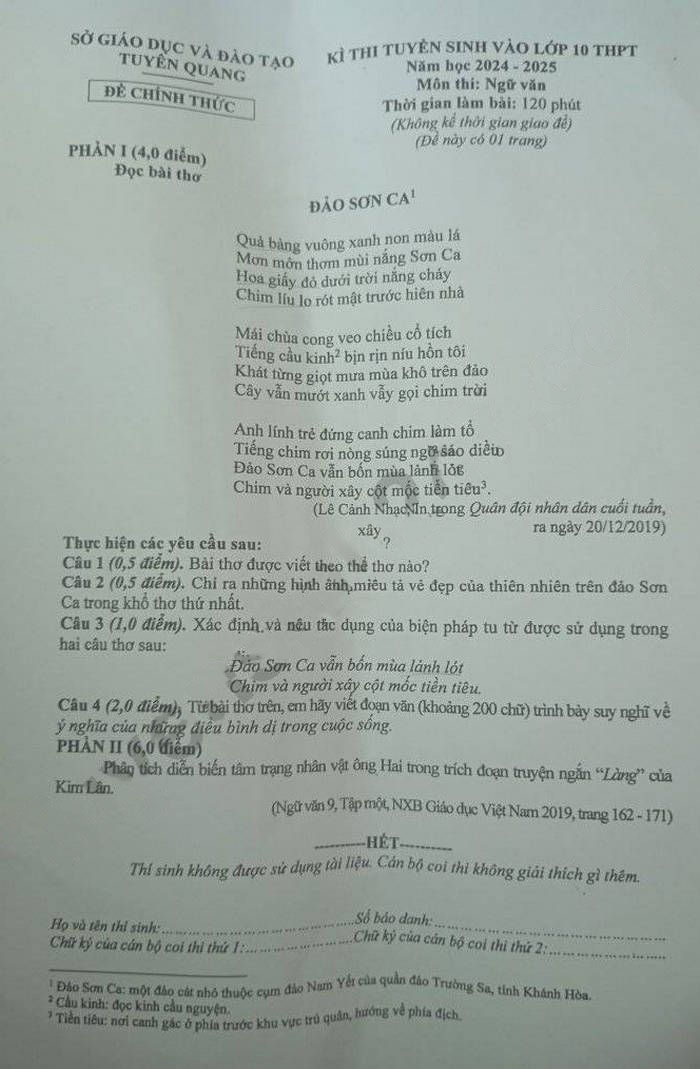 Đề thi vào 10 môn Văn Tuyên Quang 2024-2025