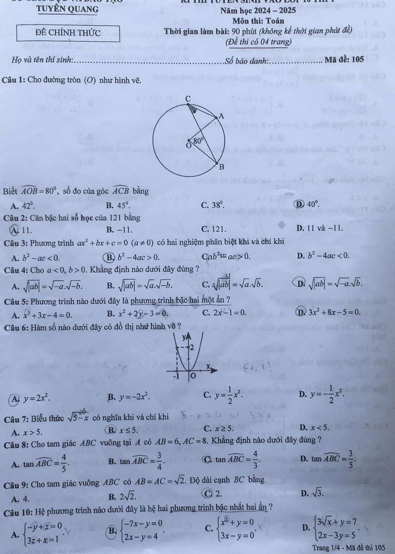 Đề thi vào 10 môn Toán Tuyên Quang 2024-2025