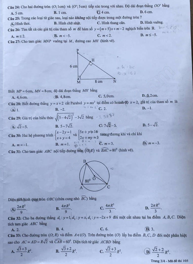 Đề thi vào 10 môn Toán Tuyên Quang 2024-2025