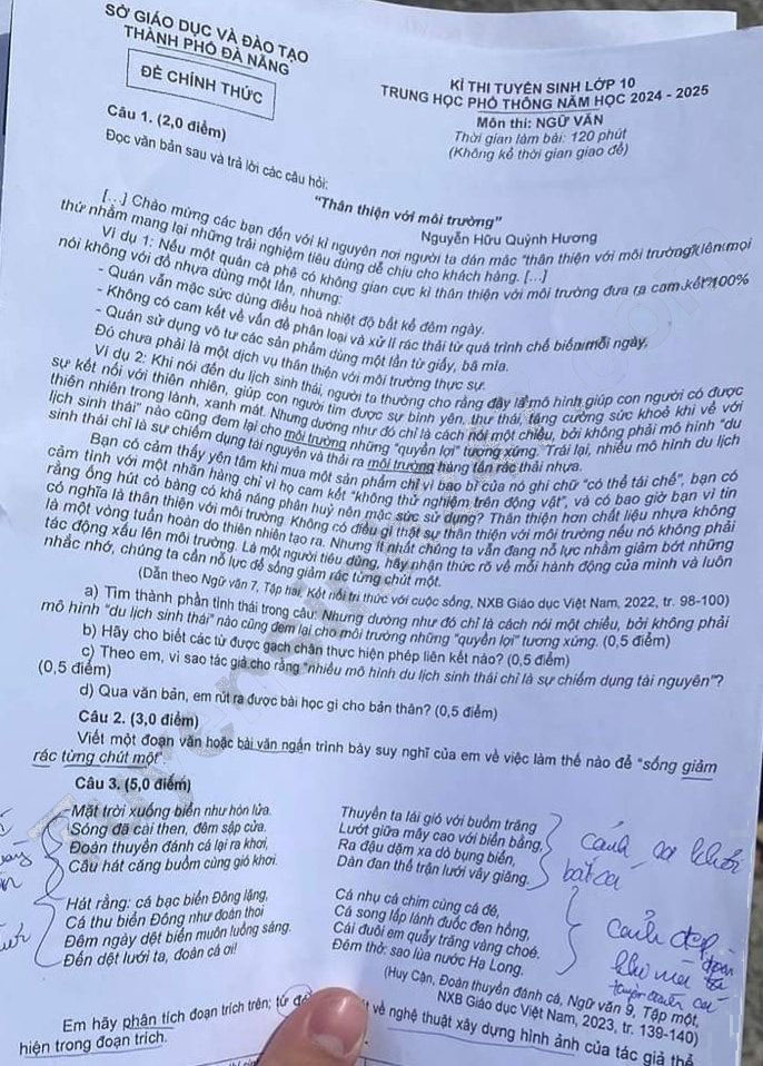 Đề thi tuyển sinh lớp 10 môn Văn Đà Nẵng 2024