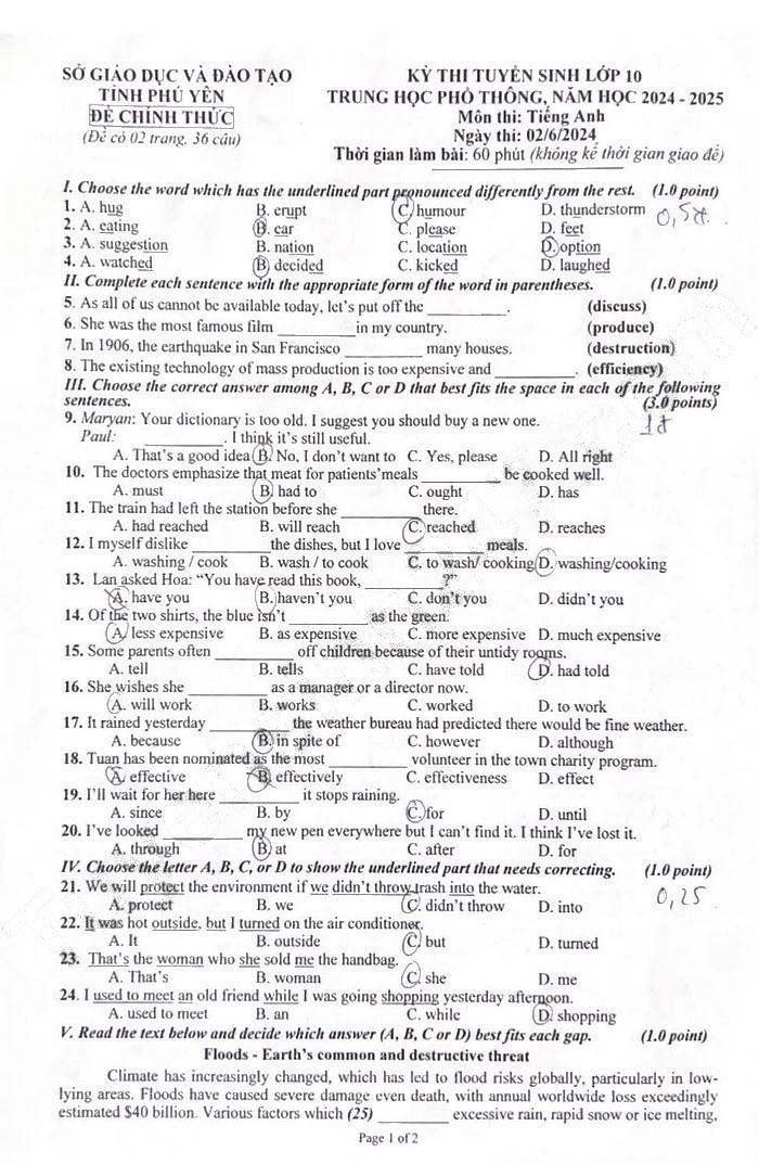 Đề thi tuyển sinh lớp 10 môn Anh Phú Yên
