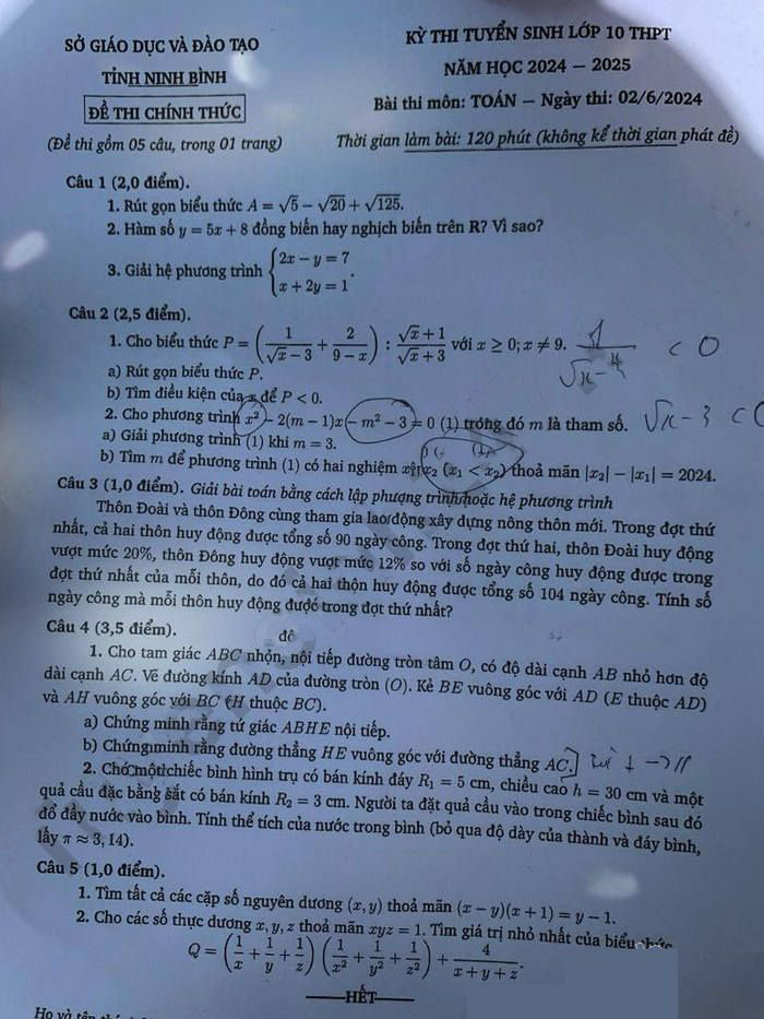 Đề thi tuyển sinh lớp 10 môn Toán Ninh Bình 2024