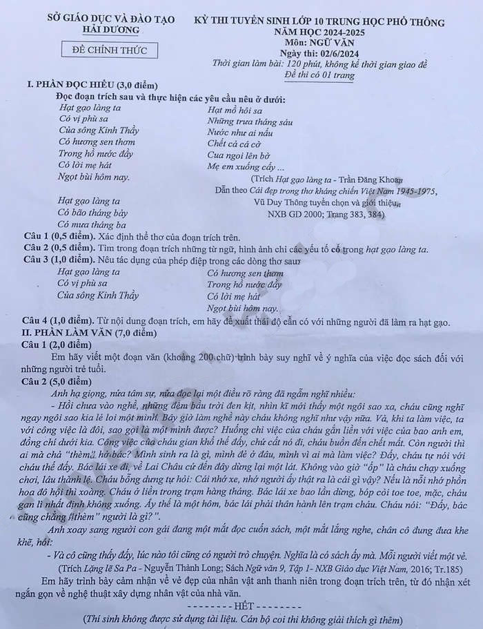 Đề thi tuyển sinh lớp 10 môn Văn Hải Dương 2024-2025