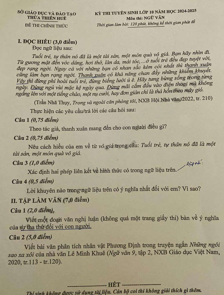 Đề thi tuyển sinh lớp 10 môn Văn Huế 2024