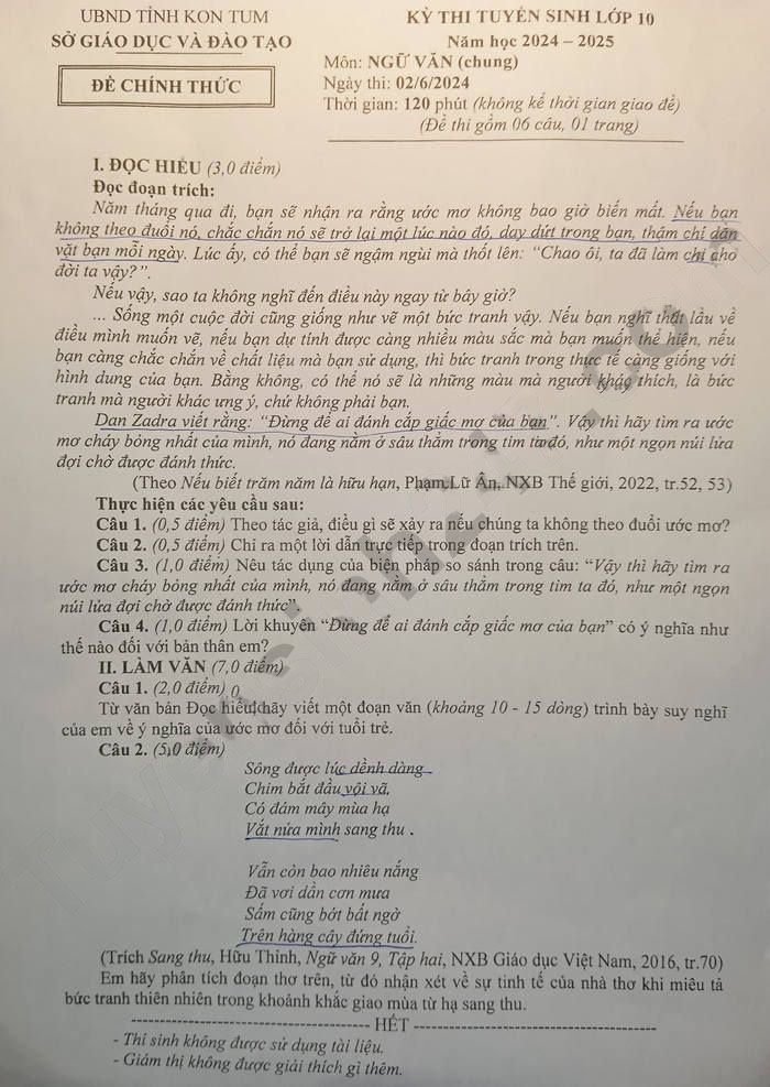 Đề thi tuyển sinh lướp 10 môn Văn Kon Tum 2024