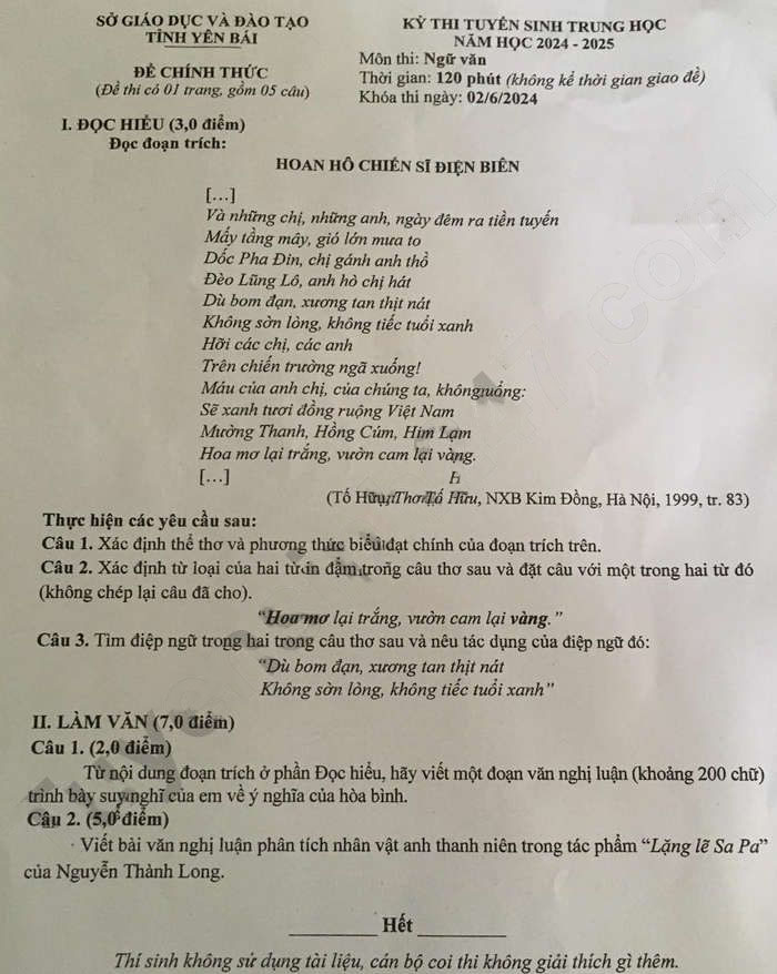 Đề thi tuyển sinh lớp 10 môn Văn Yên Bái 2024-2025