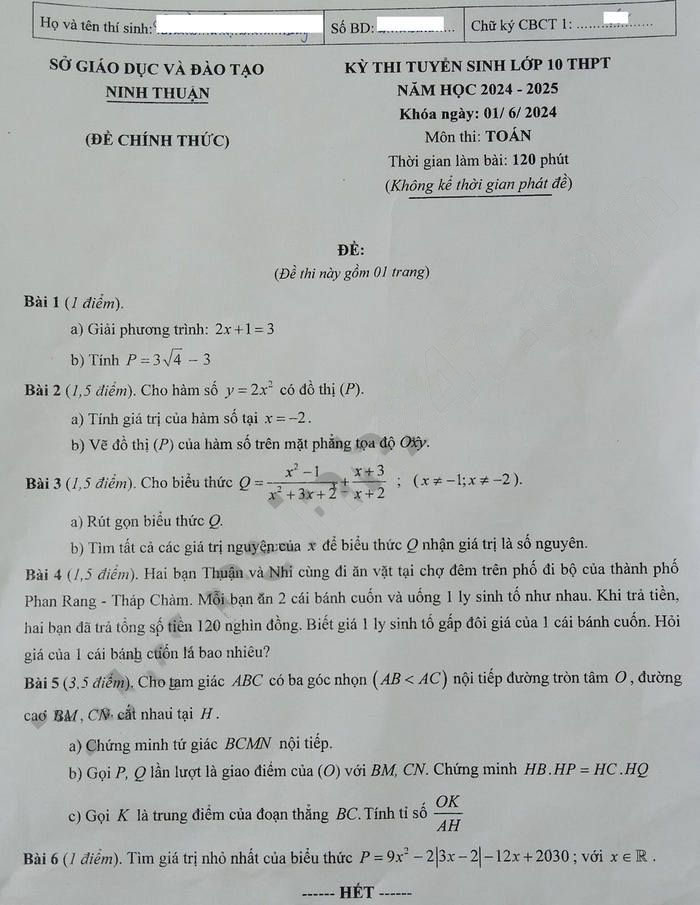 Đề thi Toán tuyển sinh lớp 10 Ninh Thuận 2024