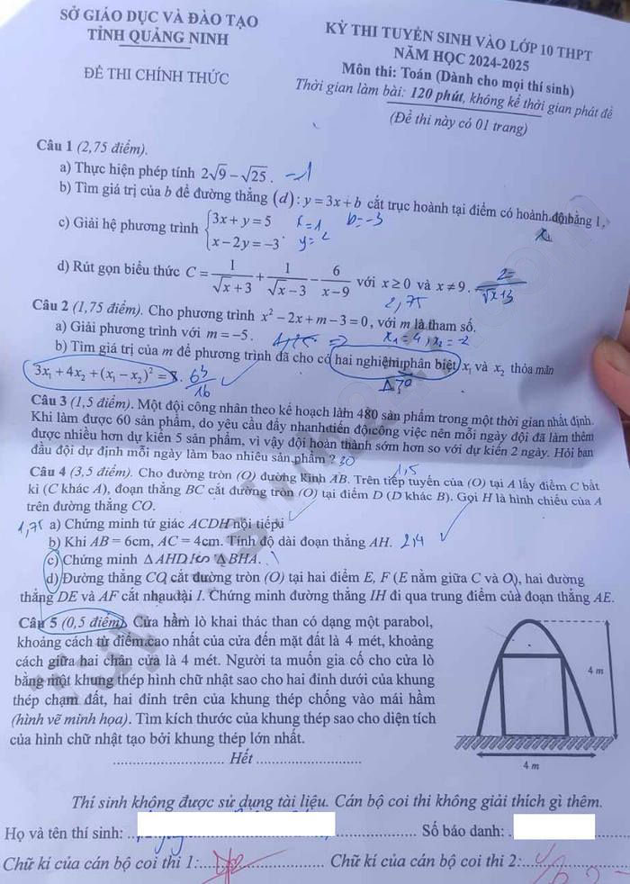 Đề thi tuyển sinh lớp 10 môn Toán Quảng Ninh 2024