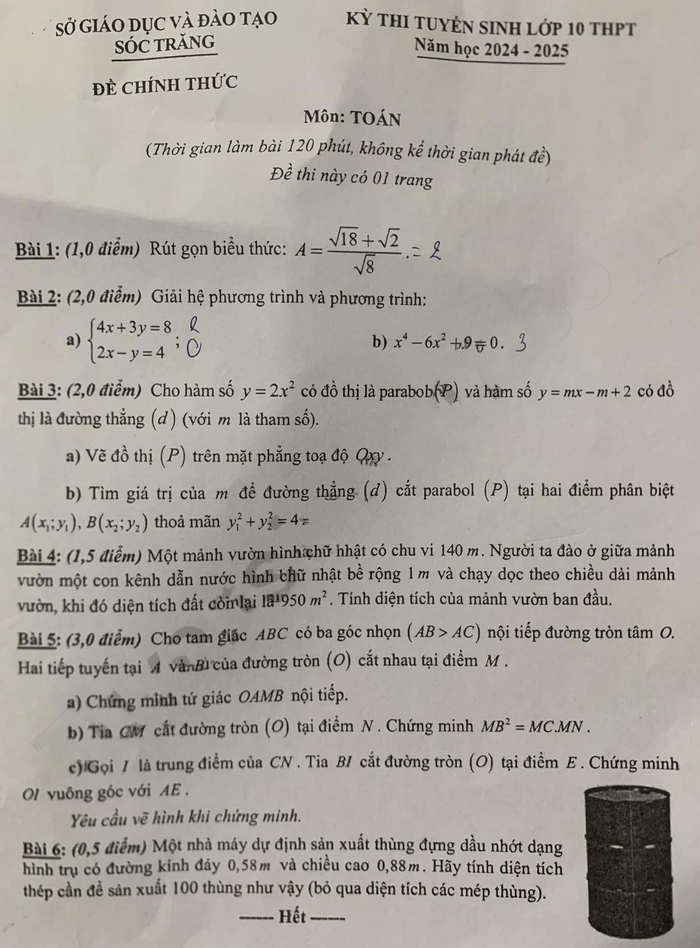 Đề thi tuyển sinh lớp 10 môn Toán Sóc Trăng 2024