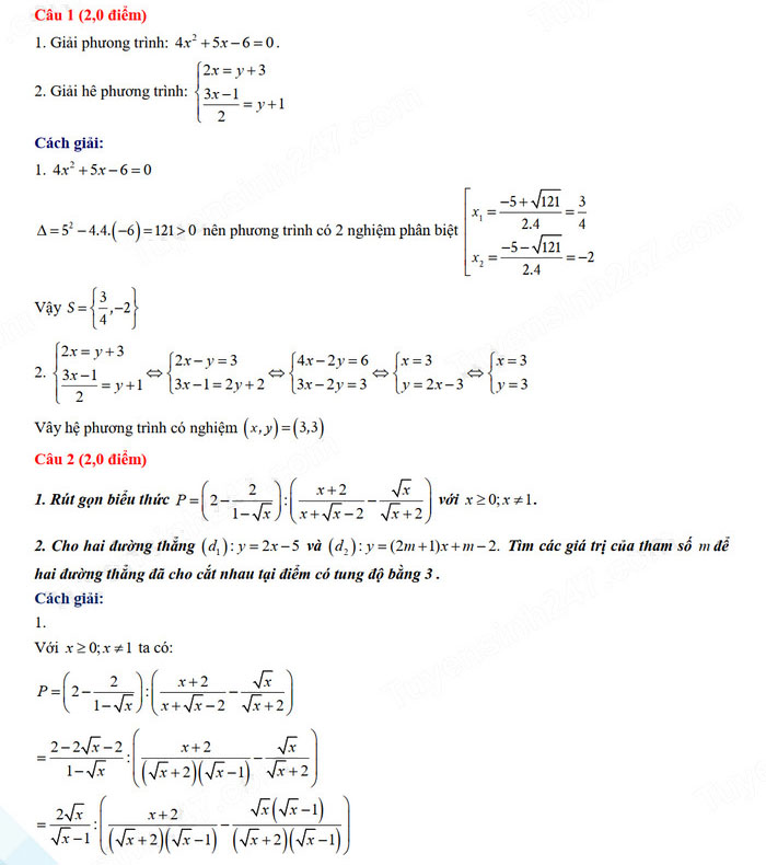 Đáp án đề thi tuyển sinh lớp 10 môn Toán Hải Dương 2024