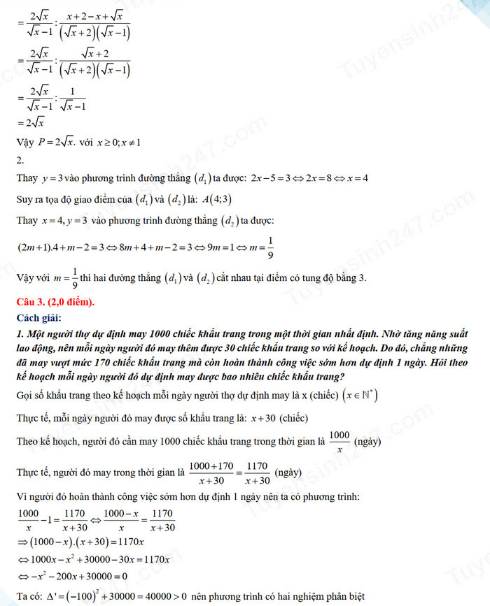 Đáp án đề thi tuyển sinh lớp 10 môn Toán Hải Dương 2024