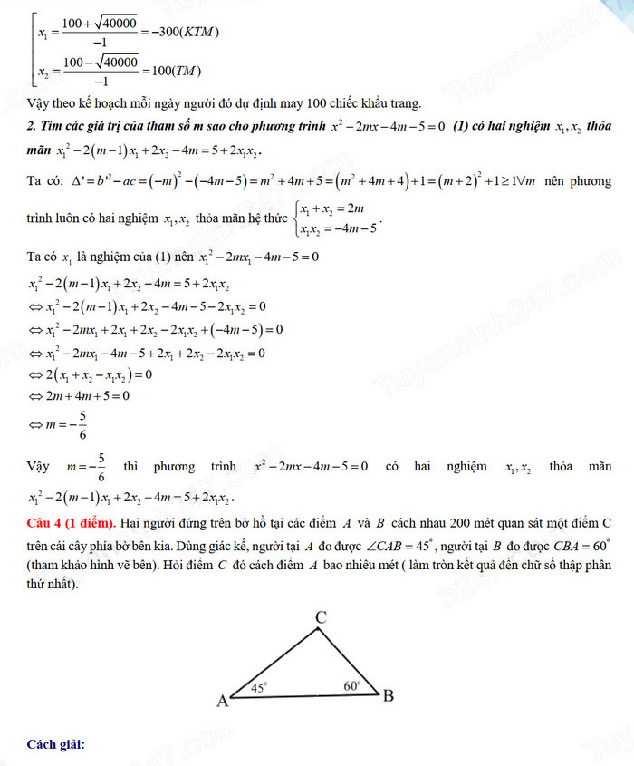 Đáp án đề thi tuyển sinh lớp 10 môn Toán Hải Dương 2024