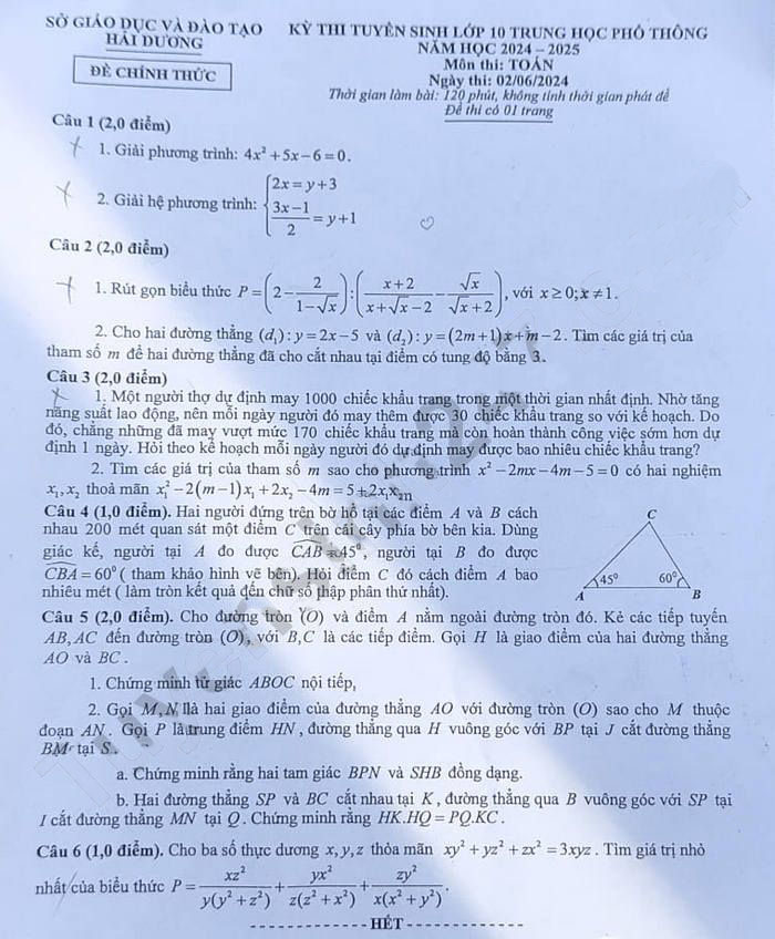 Đề thi Toán vào 10 Hải Dương 2024