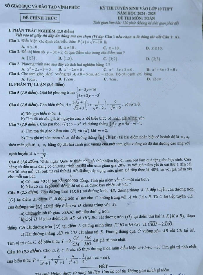 Đề thi vào 10 môn Toán Vĩnh Phúc 2024