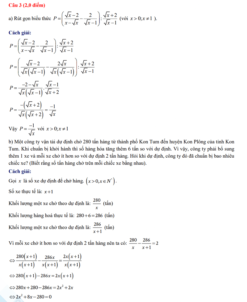 Đáp án đềToán vào lớp 10 Kon Tum 2024-2025