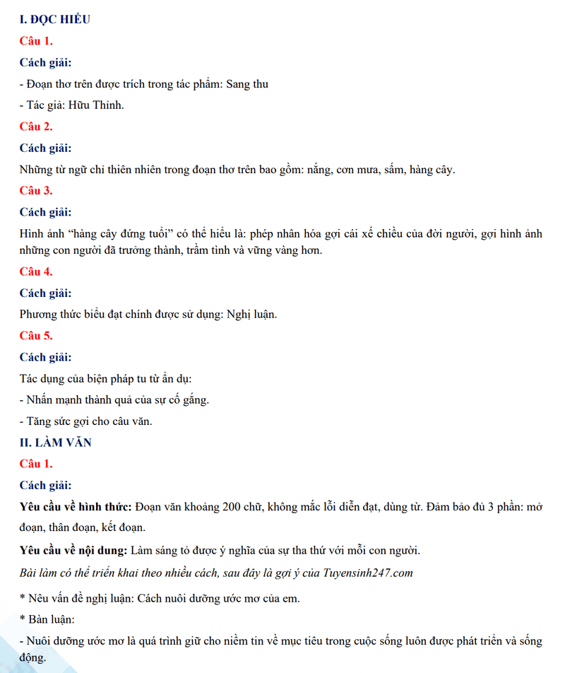 Đáp án đề thi tuyển sinh lớp 10 môn Văn 2024 Bình Thuận