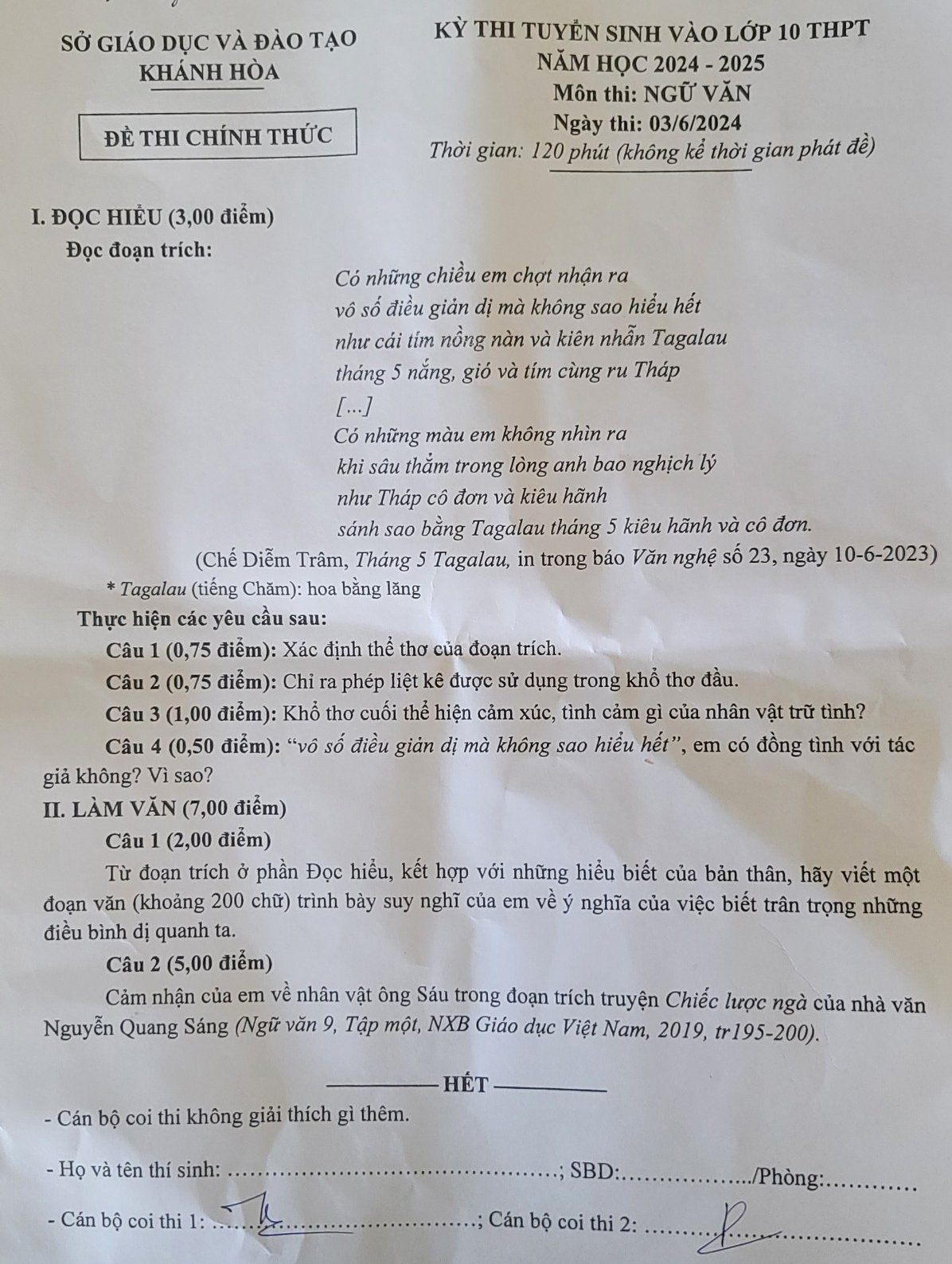 Đề thi tuyển sinh lớp 10 môn Văn Khánh Hòa 2024