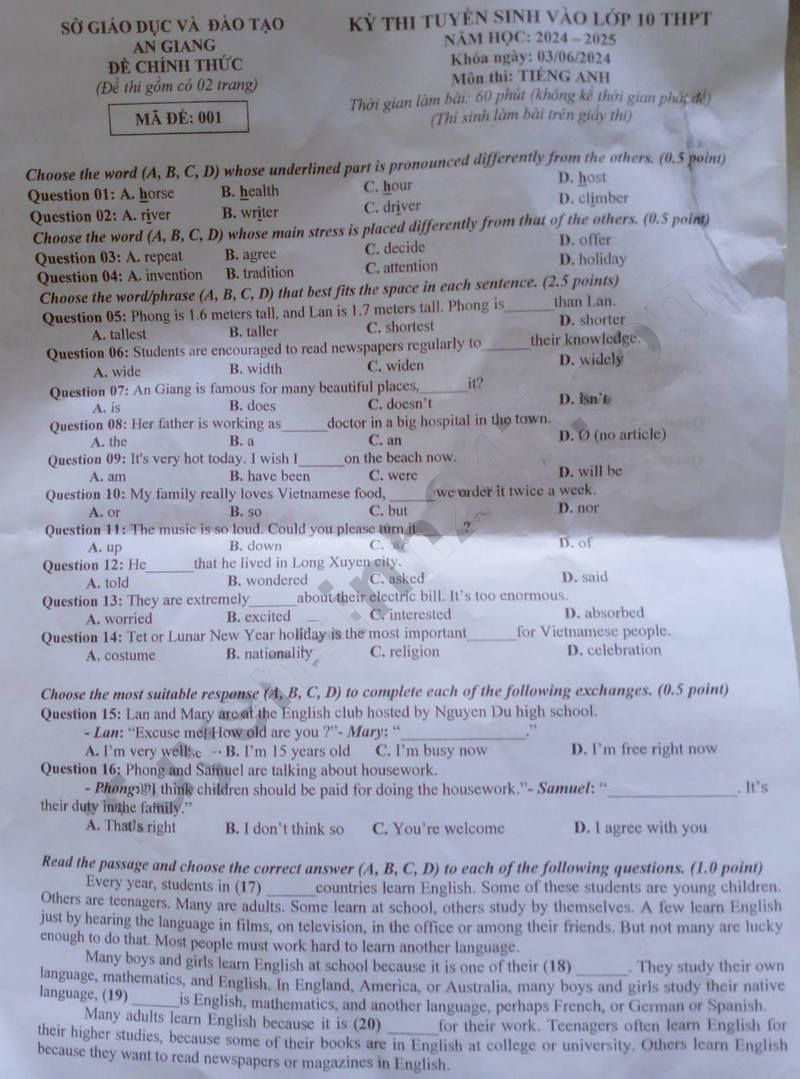 Đáp án đề thi vào 10 môn Tiếng Anh An Giang 2024