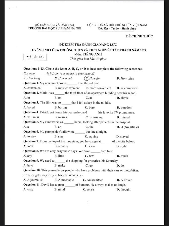 Đề thi vào lớp 6 môn Tiếng Anh trường Nguyễn Tất Thành