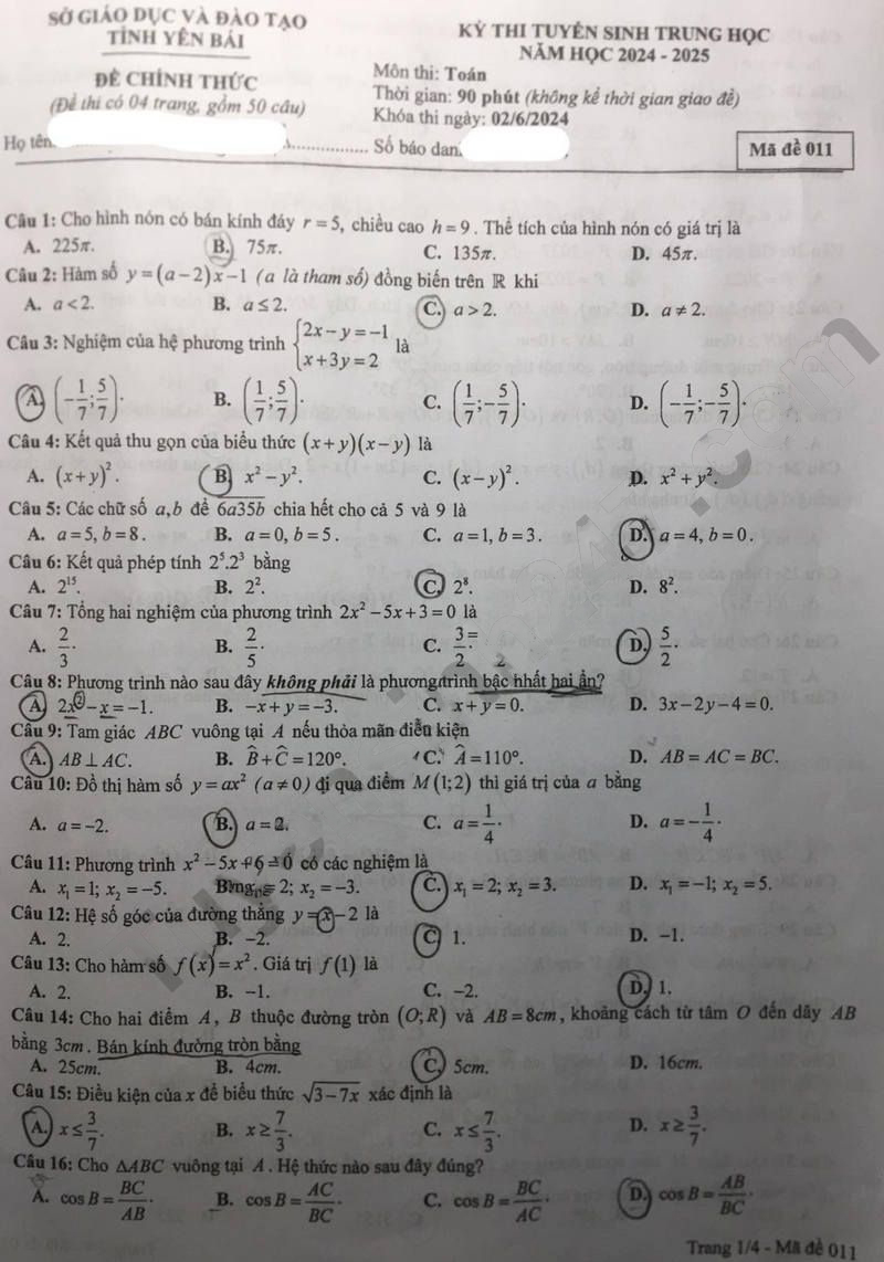 Đề thi tuyển sinh lớp 10 môn Toán Yên Bái 2024-2025