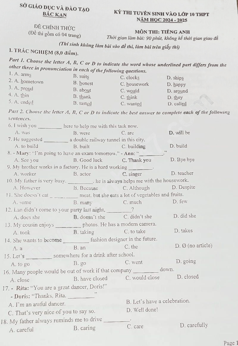 Đề thi tuyển sinh lớp 10 môn Anh Bắc Kạn 2024